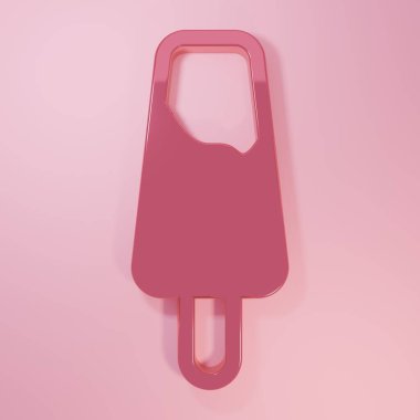 Pembe arkaplanda izole edilmiş tahta çubuk ikonunun üzerindeki buzlu dondurma. Minimalizm kavramı. 3 Boyutlu resimleme.