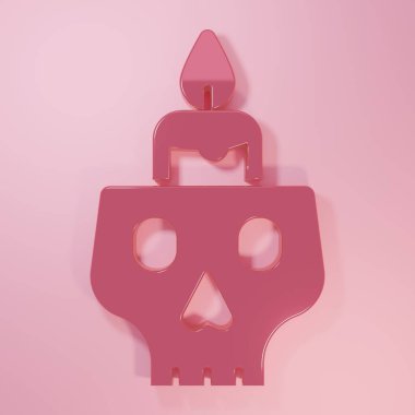 Pembe arka planda izole edilmiş bir kafatası ikonunda pembe yanan mum. Ölüm günü. Minimalizm kavramı. 3 Boyutlu resimleme.