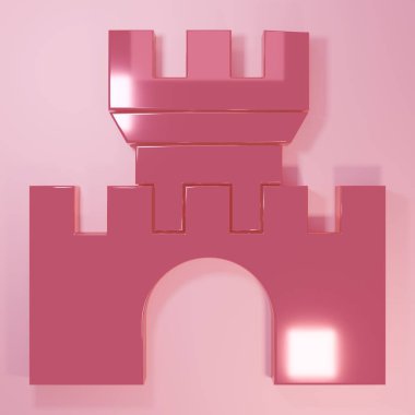 Pembe Şato ikonu pembe arka planda izole edilmiş. Kulesi olan bir ortaçağ kalesi. Düşmanlardan koruma. Şehrin güvenilirliği ve savunması. Minimalizm kavramı. 3 Boyutlu resimleme.