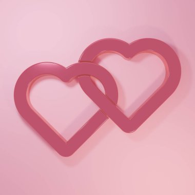 Pembe İki Bağlı Kalpler simgesi pembe arka planda izole edildi. Romantik sembol, bağlanma, tutku ve düğün. Sevgililer Günü sembolü. Minimalizm kavramı. 3 Boyutlu resimleme.