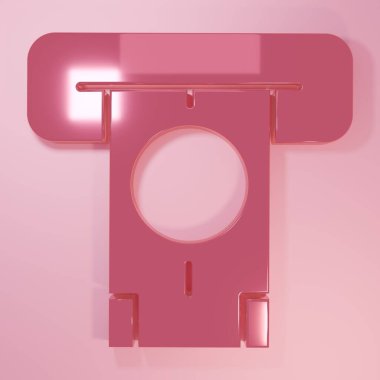 Pembe ATM - Otomatik veznedar ve para ikonu pembe arka planda izole edildi. Minimalizm kavramı. 3 Boyutlu resimleme.