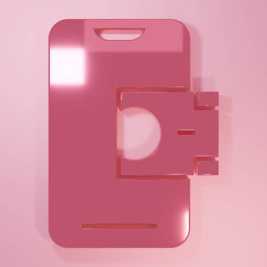 Pembe Mobil bankacılık ikonu pembe arka planda izole edilmiş. Cep telefonu ekranına cep telefonu bankacılığı yoluyla para aktar. Minimalizm kavramı. 3 Boyutlu resimleme.