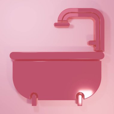 Pembe küvet ikonu pembe arka planda izole edilmiş. Minimalizm kavramı. 3 Boyutlu resimleme.