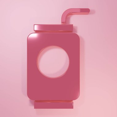 Pembe arka planda izole edilmiş saman ikonu içilen Pembe Soda kutusu. Minimalizm kavramı. 3 Boyutlu resimleme.