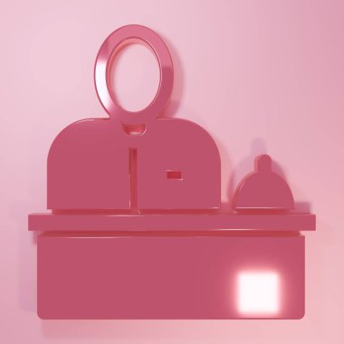 Otel resepsiyonunda duran pembe resepsiyonist pembe arka planda izole edilmiş. Minimalizm kavramı. 3 Boyutlu resimleme.