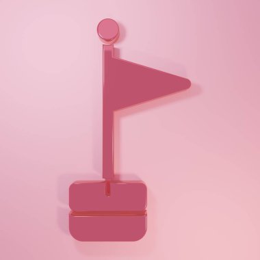 Pembe Bayrak simgesi pembe arkaplanda izole edilmiş. Yer belirleyici sembol. Minimalizm kavramı. 3 Boyutlu resimleme.