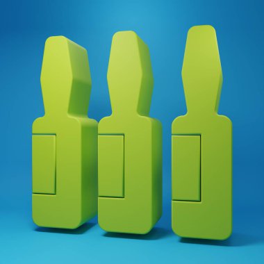 Yeşil tıbbi şişe, ampul, mavi arka planda izole edilmiş şişe ikonu. Aşı, iğne, aşı, sağlık hizmeti konsepti. Minimalizm kavramı. 3 Boyutlu resimleme.
