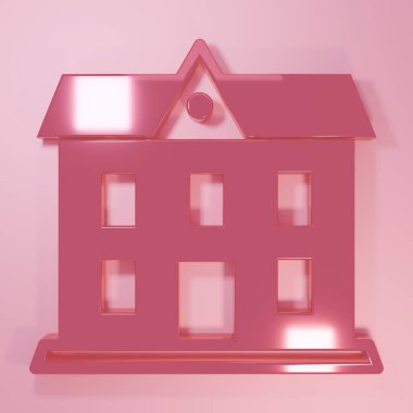 Pembe okul binası ikonu pembe arka planda izole edilmiş. Minimalizm kavramı. 3 Boyutlu resimleme.