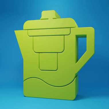 Mavi arkaplanda bir filtre simgesi olan yeşil su testisi. Minimalizm kavramı. 3 Boyutlu resimleme.