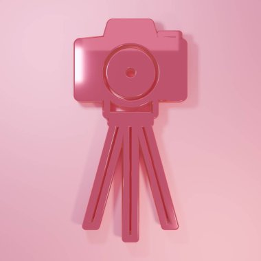 Pembe fotoğraf makinesi simgesi pembe arkaplanda izole edilmiş. Foto kamera. Dijital fotoğrafçılık. Minimalizm kavramı. 3 Boyutlu resimleme.