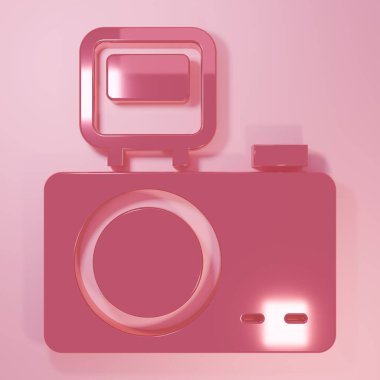 Pembe flaşlı fotoğraf makinesi pembe arka planda izole edilmiş. Foto kamera. Dijital fotoğrafçılık. Minimalizm kavramı. 3 Boyutlu resimleme.