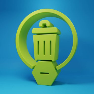 Green Trash can icon isolated on blue background. Garbage bin sign. Recycle basket icon. Office trash icon. Minimalism concept. 3D render illustration.