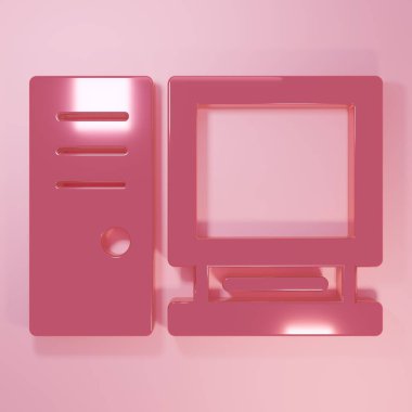 Pembe Bilgisayar monitörü simgesi pembe arkaplanda izole edildi. Bilgisayar bileşeni işareti. Minimalizm kavramı. 3 Boyutlu resimleme.
