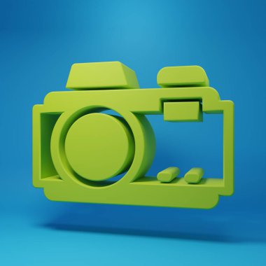 Green Photo camera icon isolated on blue background. Foto camera. Digital photography. Minimalism concept. 3D render illustration.