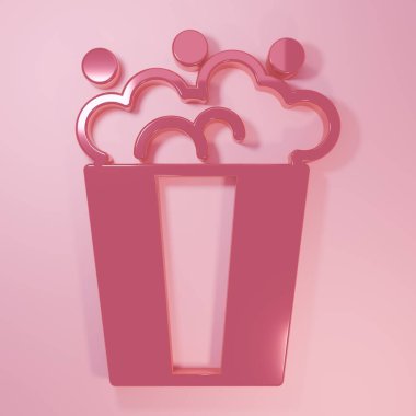Pembe arka planda izole edilmiş karton kutu simgesinde pembe patlamış mısır. Patlamış mısır kutusu. Minimalizm kavramı. 3 Boyutlu resimleme.