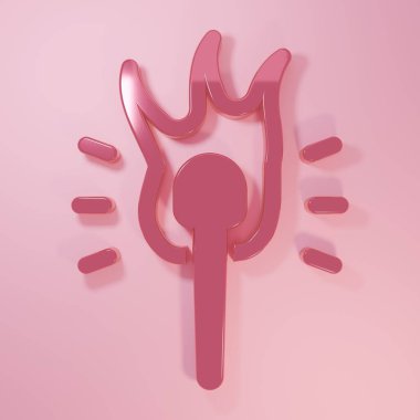 Pembe Meşale alev ikonu pembe arkaplanda izole edilmiş. Sembol ateşi sıcak, alev gücü, alev ve ısı. Minimalizm kavramı. 3 Boyutlu resimleme.