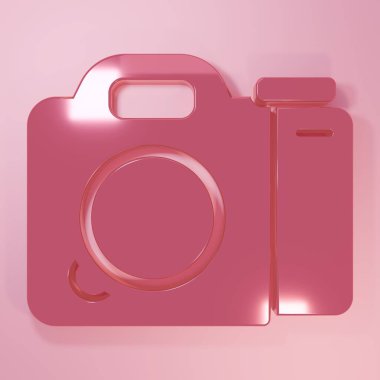 Pembe fotoğraf makinesi simgesi pembe arkaplanda izole edilmiş. Foto kamera. Dijital fotoğrafçılık. Minimalizm kavramı. 3 Boyutlu resimleme.