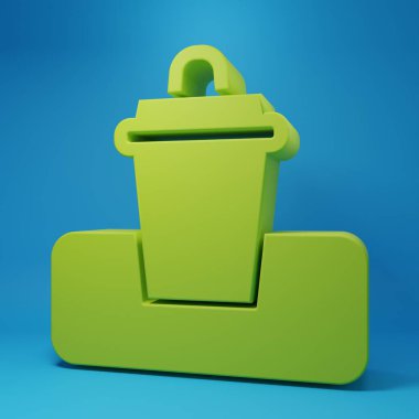 Green Trash can icon isolated on blue background. Garbage bin sign. Recycle basket icon. Office trash icon. Minimalism concept. 3D render illustration.