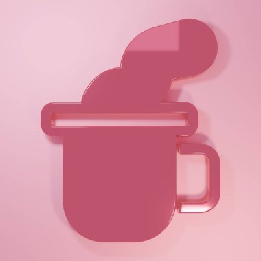 Pembe çay ikonu, pembe arka planda izole edilmiş. Minimalizm kavramı. 3 Boyutlu resimleme.