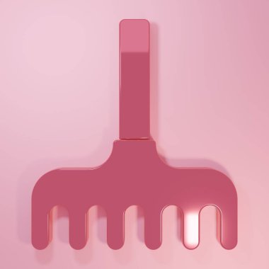 Pembe Bahçe tırmık ikonu pembe arka planda izole edilmiş. Bahçecilik, tarım, çiftçilik aleti. Toprak işçisi. Minimalizm kavramı. 3 Boyutlu resimleme.