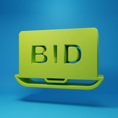 Yeşil Çevrimiçi açık artırma simgesi mavi arkaplanda izole edildi. Teklif tabelası. Açık arttırma teklifi. Satış ve alıcılar. Minimalizm kavramı. 3 Boyutlu resimleme.