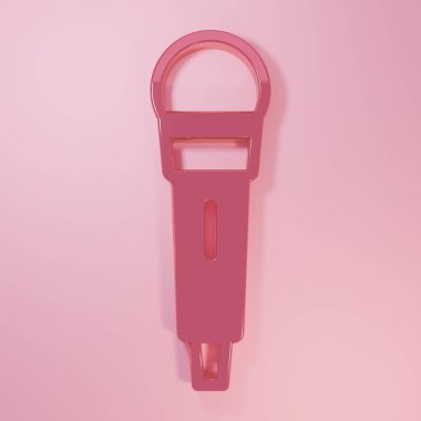 Pembe mikrofon simgesi pembe arka planda izole edilmiş. Radyodaki mikrofondan. Sözcü işareti. Minimalizm kavramı. 3 Boyutlu resimleme.