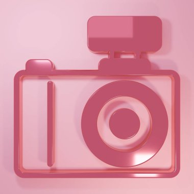 Pembe fotoğraf makinesi simgesi pembe arkaplanda izole edilmiş. Foto kamera. Dijital fotoğrafçılık. Minimalizm kavramı. 3 Boyutlu resimleme.
