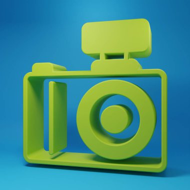Green Photo camera icon isolated on blue background. Foto camera. Digital photography. Minimalism concept. 3D render illustration.