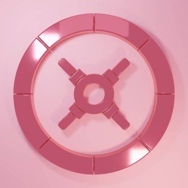 Pembe kasa simgesi pembe arkaplanda izole edilmiş. Kapı, şifreli bir banka kasası. Güvenilir Veri Koruma. Minimalizm kavramı. 3 Boyutlu resimleme.