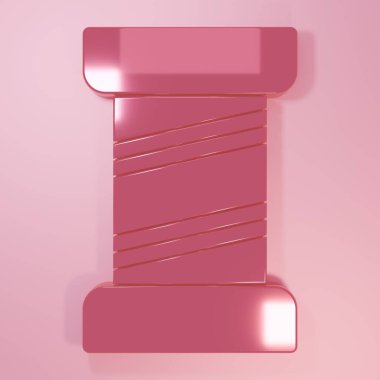 Pembe dikişli iplik, pembe arka planda izole edilmiş makara simgesine. İplik makarası. İplik kutusu. Minimalizm kavramı. 3 Boyutlu resimleme.