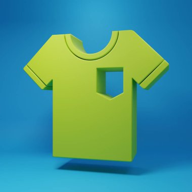 Green T-shirt icon isolated on blue background. Minimalism concept. 3D render illustration.