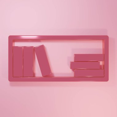 Pembe rafta pembe arka planda kitap simgesi var. Raflar işaretli. Minimalizm kavramı. 3 Boyutlu resimleme.