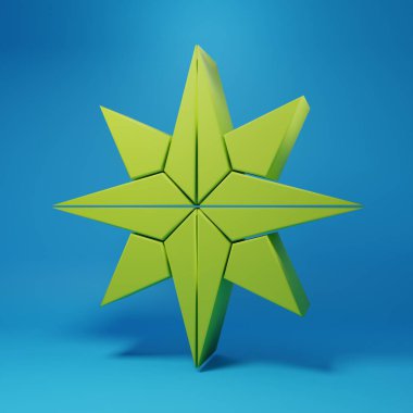 Green Wind rose icon isolated on blue background. Compass icon for travel. Navigation design. Minimalism concept. 3D render illustration.