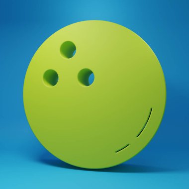 Mavi arkaplanda yeşil bowling topu simgesi izole edildi. Spor malzemeleri. Minimalizm kavramı. 3 Boyutlu resimleme.