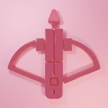 Pembe savaş arbaleti ve pembe arka planda izole edilmiş ok ikonu. Minimalizm kavramı. 3 Boyutlu resimleme.