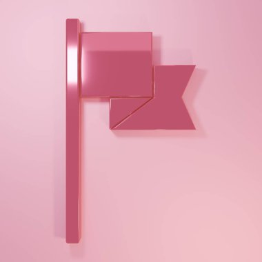 Pembe Bayrak simgesi pembe arkaplanda izole edilmiş. Yer belirleyici sembol. Minimalizm kavramı. 3 Boyutlu resimleme.