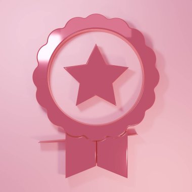 Pembe madalyalı pembe arka planda yıldız ikonu var. Kazanan başarı işareti. Ödül madalyası. Minimalizm kavramı. 3 Boyutlu resimleme.