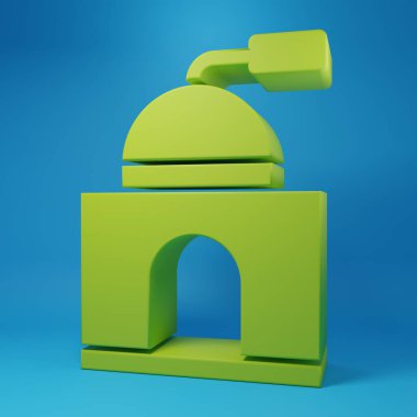 Mavi arkaplanda yeşil manuel kahve öğütücü simgesi var. Minimalizm kavramı. 3 Boyutlu resimleme.