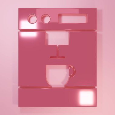 Pembe kahve makinesi ikonu pembe arka planda izole edilmiş. Minimalizm kavramı. 3 Boyutlu resimleme.