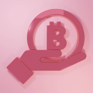 Pembe El, Bitcoin simgesini pembe arka planda tutuyor. Engelleme teknolojisi, dijital para piyasası, şifreli para cüzdanı. Minimalizm kavramı. 3 Boyutlu resimleme.