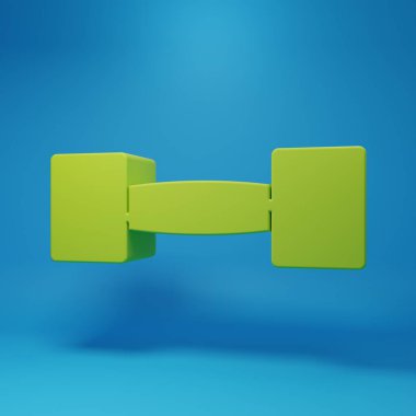Green Dumbbell icon isolated on blue background. Muscle lifting icon, fitness barbell, gym, sports equipment, exercise bumbbell. Minimalism concept. 3D render illustration.