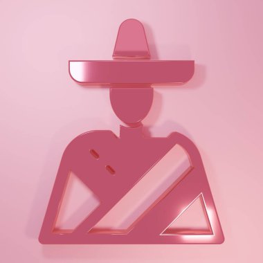 Pembe arka planda izole edilmiş sombrero ikonu giyen Meksikalı bir adam. Bıyıklı İspanyol adam. Minimalizm kavramı. 3 Boyutlu resimleme.