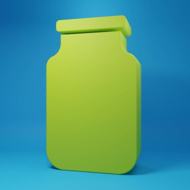 Mavi arka planda vida kapağı simgesi olan yeşil cam kavanoz. Minimalizm kavramı. 3 Boyutlu resimleme.