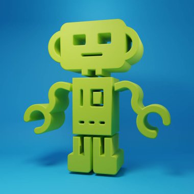 Green Robot toy icon isolated on blue background. Minimalism concept. 3D render illustration.