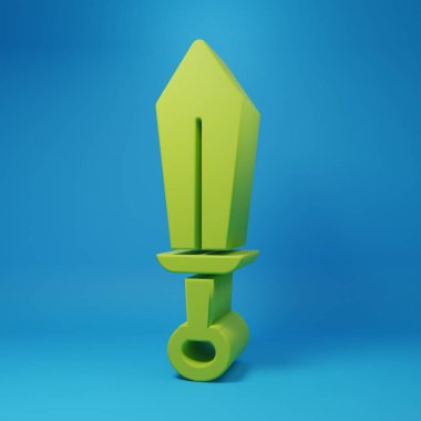 Green Sword toy icon isolated on blue background. Minimalism concept. 3D render illustration.