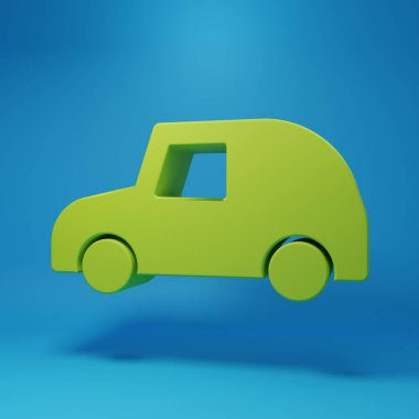 Green Toy car icon isolated on blue background. Minimalism concept. 3D render illustration.