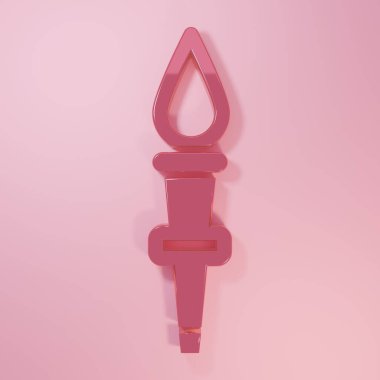 Pembe Meşale alev ikonu pembe arkaplanda izole edilmiş. Sembol ateşi sıcak, alev gücü, alev ve ısı. Minimalizm kavramı. 3 Boyutlu resimleme.