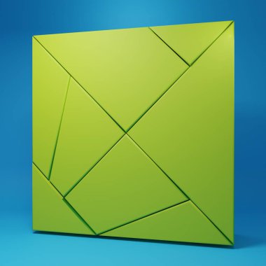 Mavi arkaplanda yeşil rubik küp simgesi izole edildi. Mekanik yapboz oyuncağı. Rubik 'in 3 boyutlu küp kombinasyon bulmacası. Minimalizm kavramı. 3 Boyutlu resimleme.