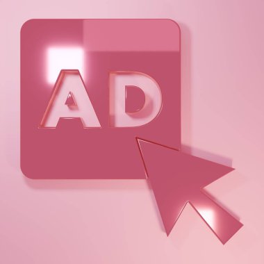 Pembe reklam simgesi pembe arkaplanda izole edilmiş. Pazarlama ve tanıtım süreci kavramı. İlgili reklamlar. Sosyal medya reklamcılığı. Minimalizm kavramı. 3 Boyutlu resimleme.