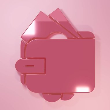 Pembe Cüzdan, üzerinde kağıt para destesi olan pembe arka planda izole edilmiş nakit para ikonu. Çanta ikonu. Nakit tasarruf sembolü. Minimalizm kavramı. 3 Boyutlu resimleme.